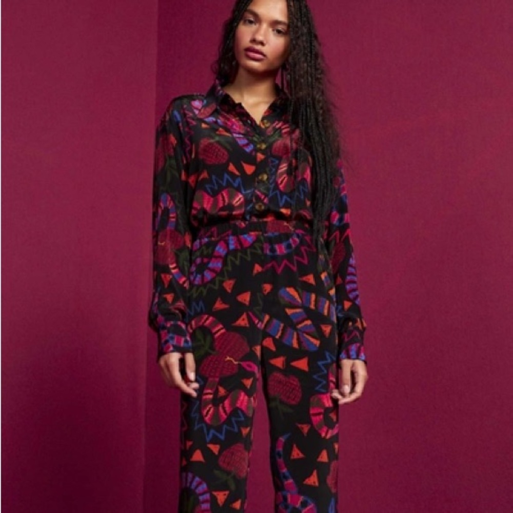 Farm Rio NWT Black Jungle Fruits Pajama Pants Large L Snake colorful